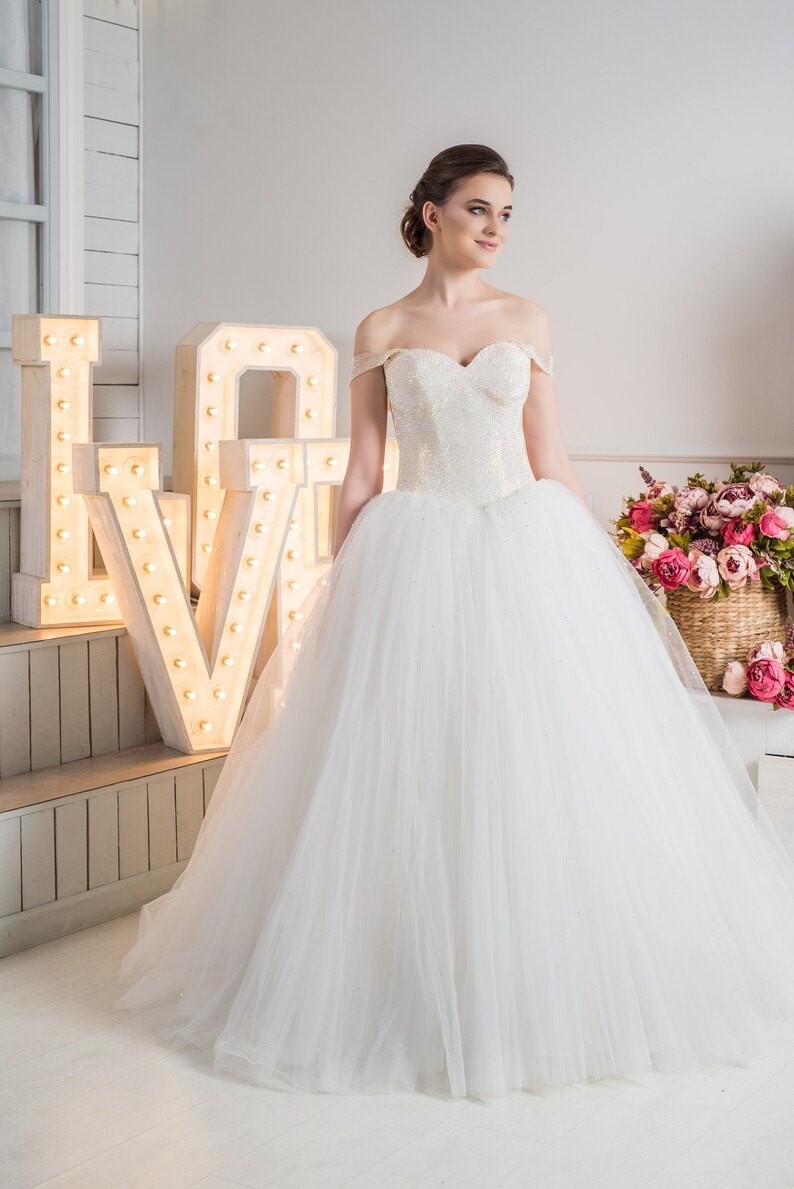Off The Shoulder Wedding Dress Full Tulle Skirt Open Back Etsy