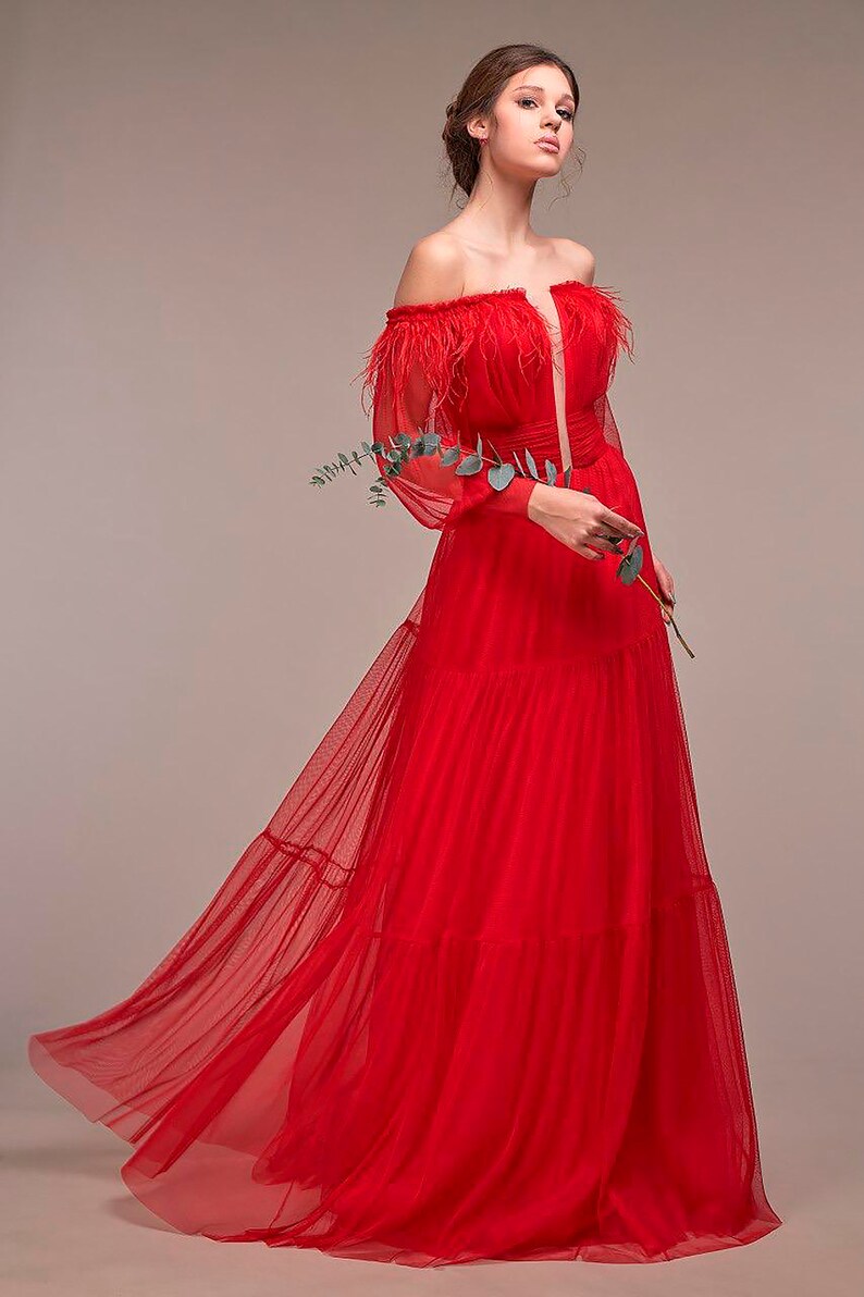 Long Red Tulle Skirt Wedding Guest Dress Floor Length Maxi