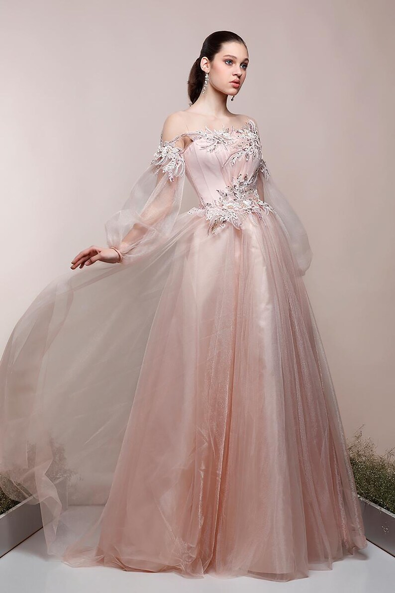 Pink Lace Floral Corset Dress Satin Tulle Skirt Long Sleeve Etsy