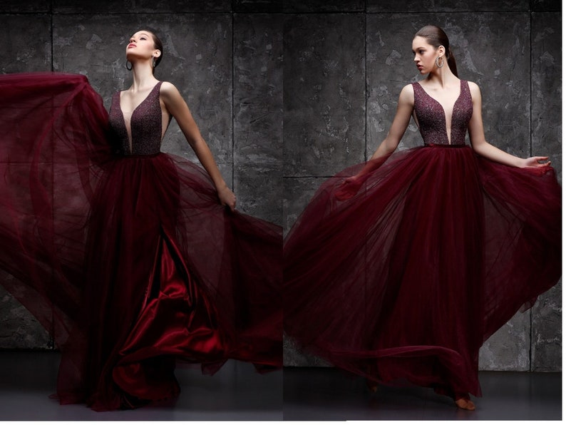 Burgundy Dress Sexy Red Evening Gown Black Formal Gown - Etsy