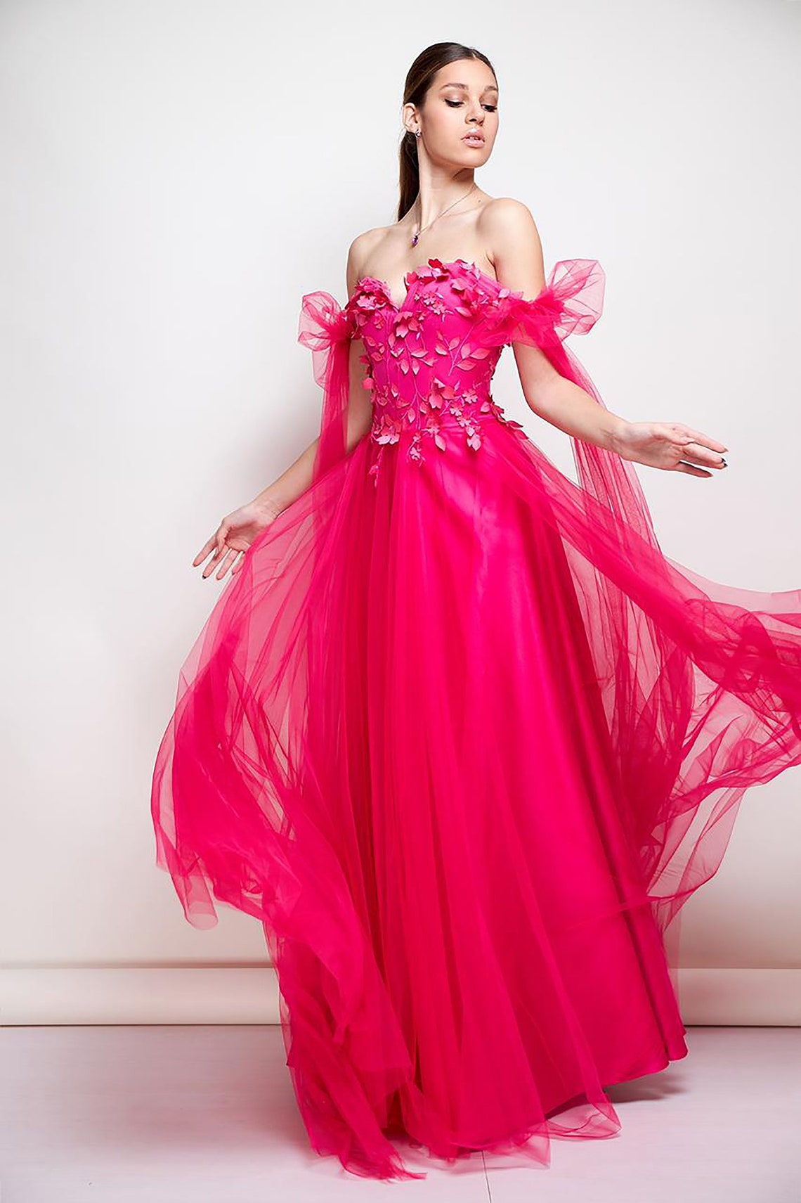 Hot Pink Wedding Dress Unique Bridal Gown Deep Pink 3D Floral image 5