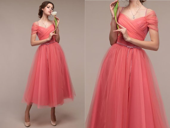 Summer Wedding Guest Dress Short Salmon Pink Tulle Dress Midi - Etsy