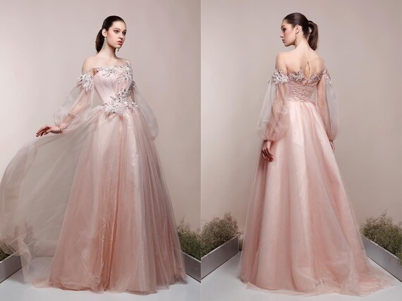 Blush Pink Beaded Corset Wedding Gown Unique Wedding Dress 3d Lace Floral Top Bridal Dress Long Sleeve Alternative Wedding Dress Prom Dress