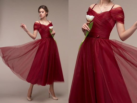 Burgundy Chiffon Floaty Midi Dress Knee 