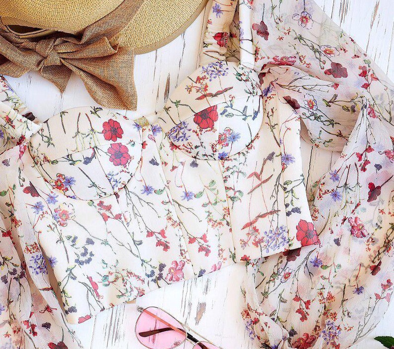 Floral Print Corset Top With Long Sleeve Bodice Bustier Crop Etsy