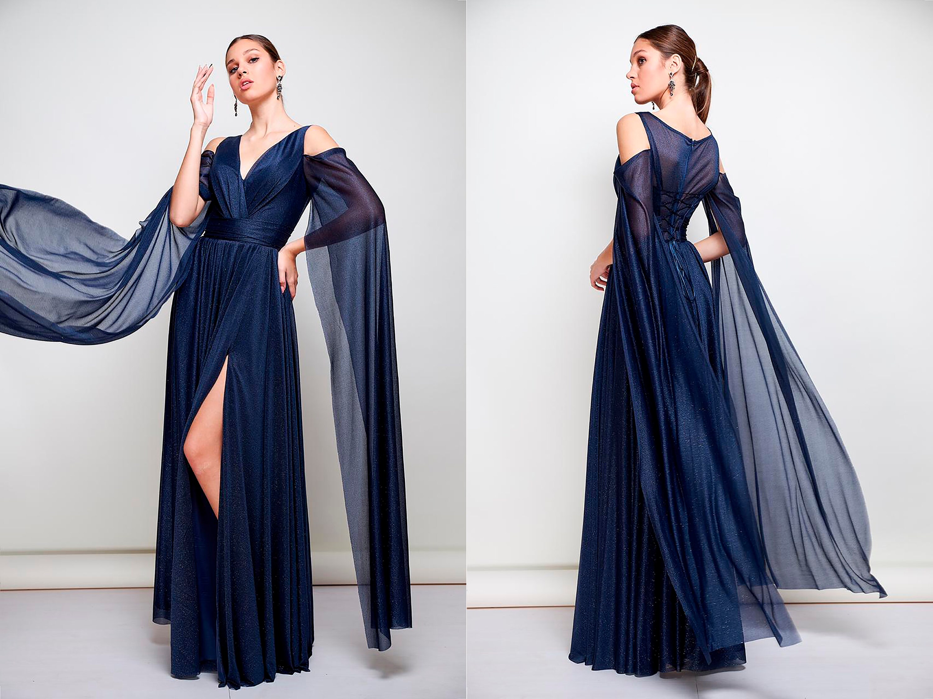 Long Navy Blue Chiffon Dress Wedding 