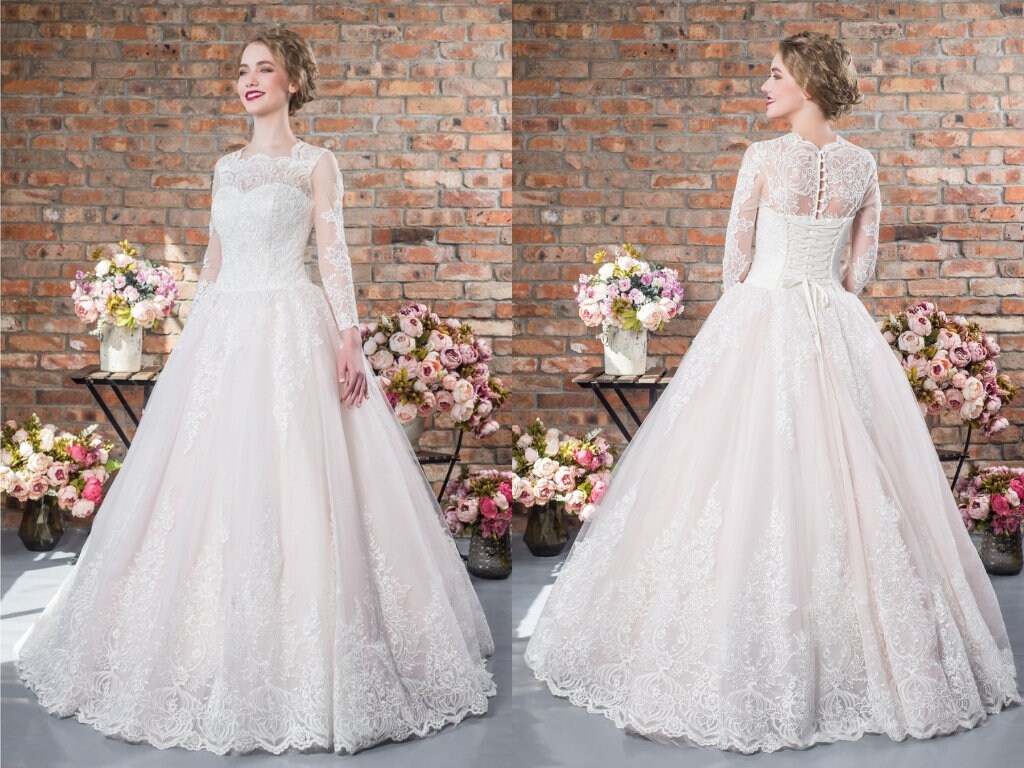 A Line Long Sleeve Fitted Wedding Dress French Lace Dress Etsy