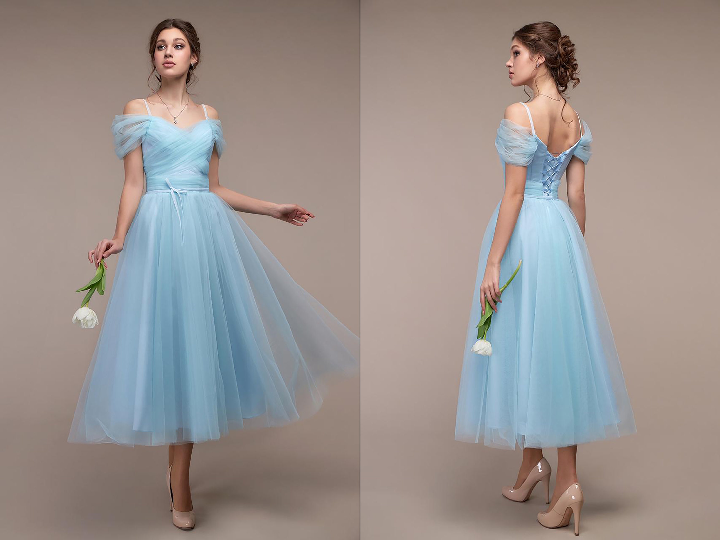 Light Blue Midi Chiffon Dress Wedding ...