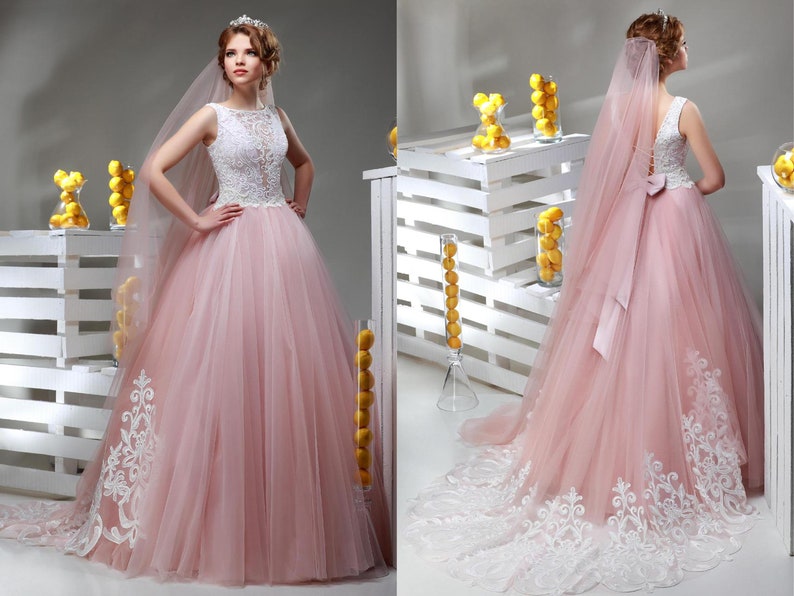 Blush Pink Wedding Dress With Train Tulle Skirt Beach Etsy