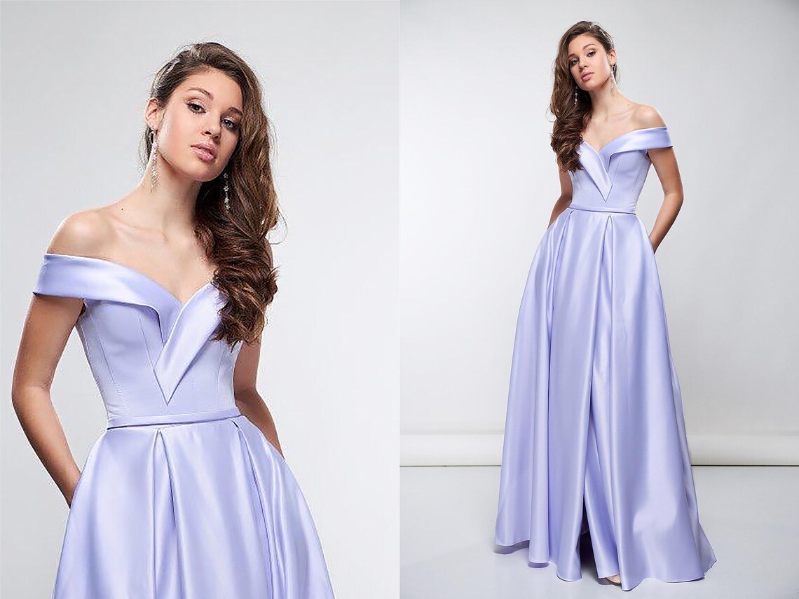 Lilac Off Shoulder Prom Dress Fashion Deep V Neckline Satin | Etsy
