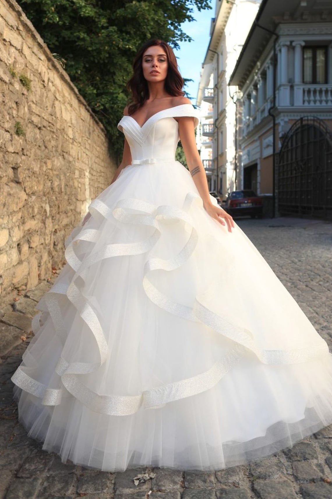 Off the Shoulder Wedding Dress with Layered Tulle Skirt image 4