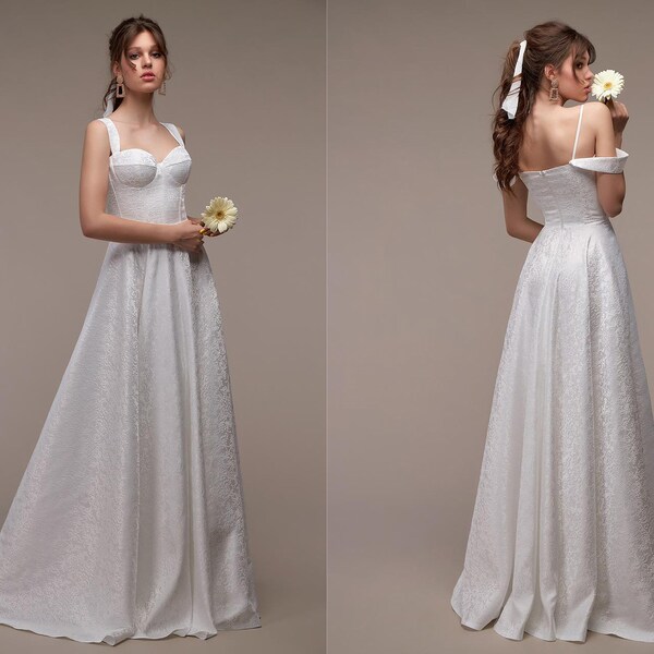 Vintage Ivory Off-the-Shoulder Ruffled Bodice Sheer Ruched Wedding Dress DP7634