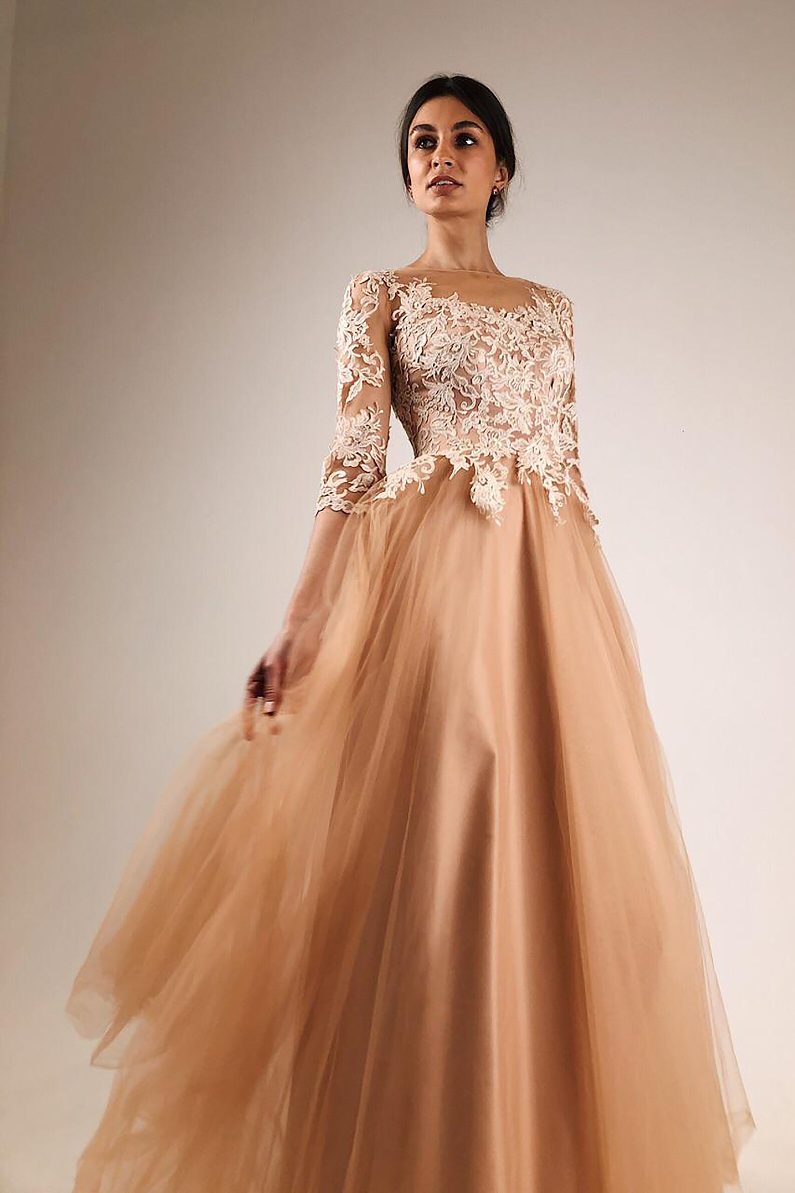 Caramel Evening Gown Wedding Dress White Lace Sleeve Bridal Etsy