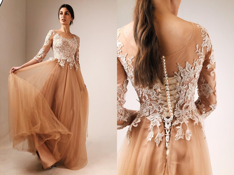 Caramel Evening Gown Wedding Dress White Lace Sleeve Bridal Etsy