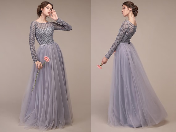 Vestido largo de tul dama de honor gris Maxi vestido formal | Etsy México