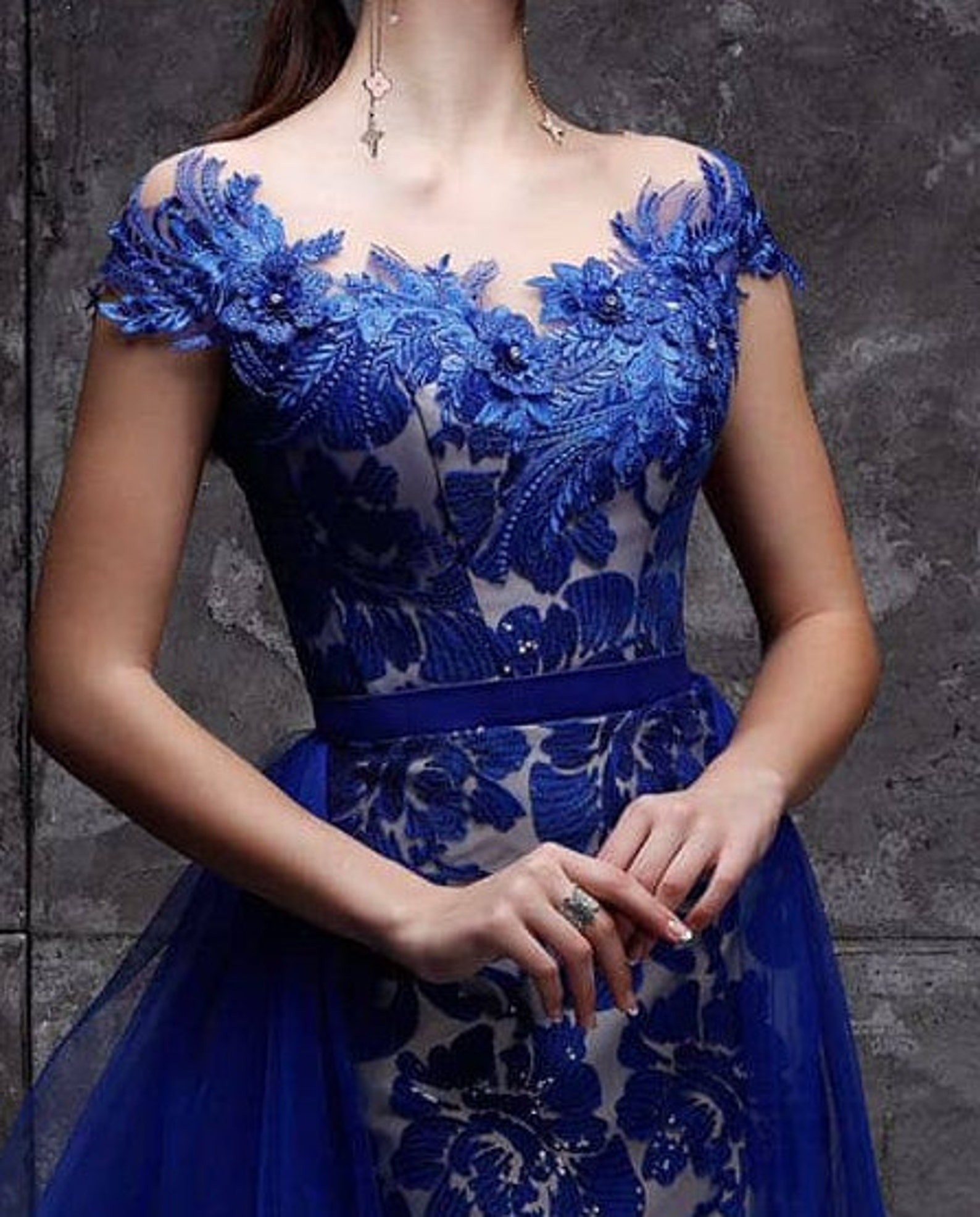 Blue FORMAL DRESS lace Flowers Long Prom Dress With Lace Etsy