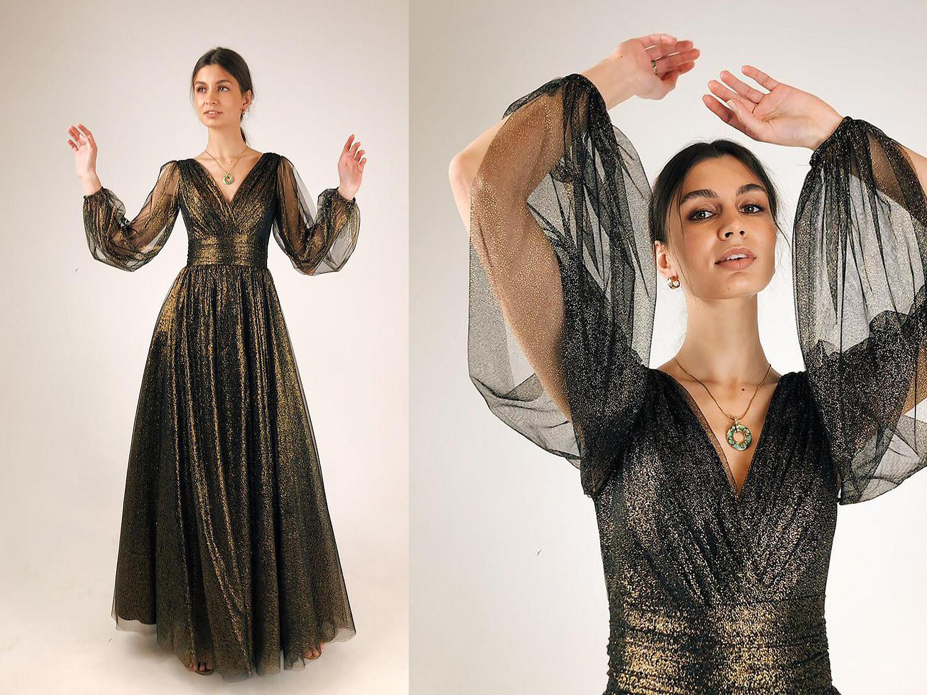 Balloon Sleeve Sequin Gown Black Bronze 