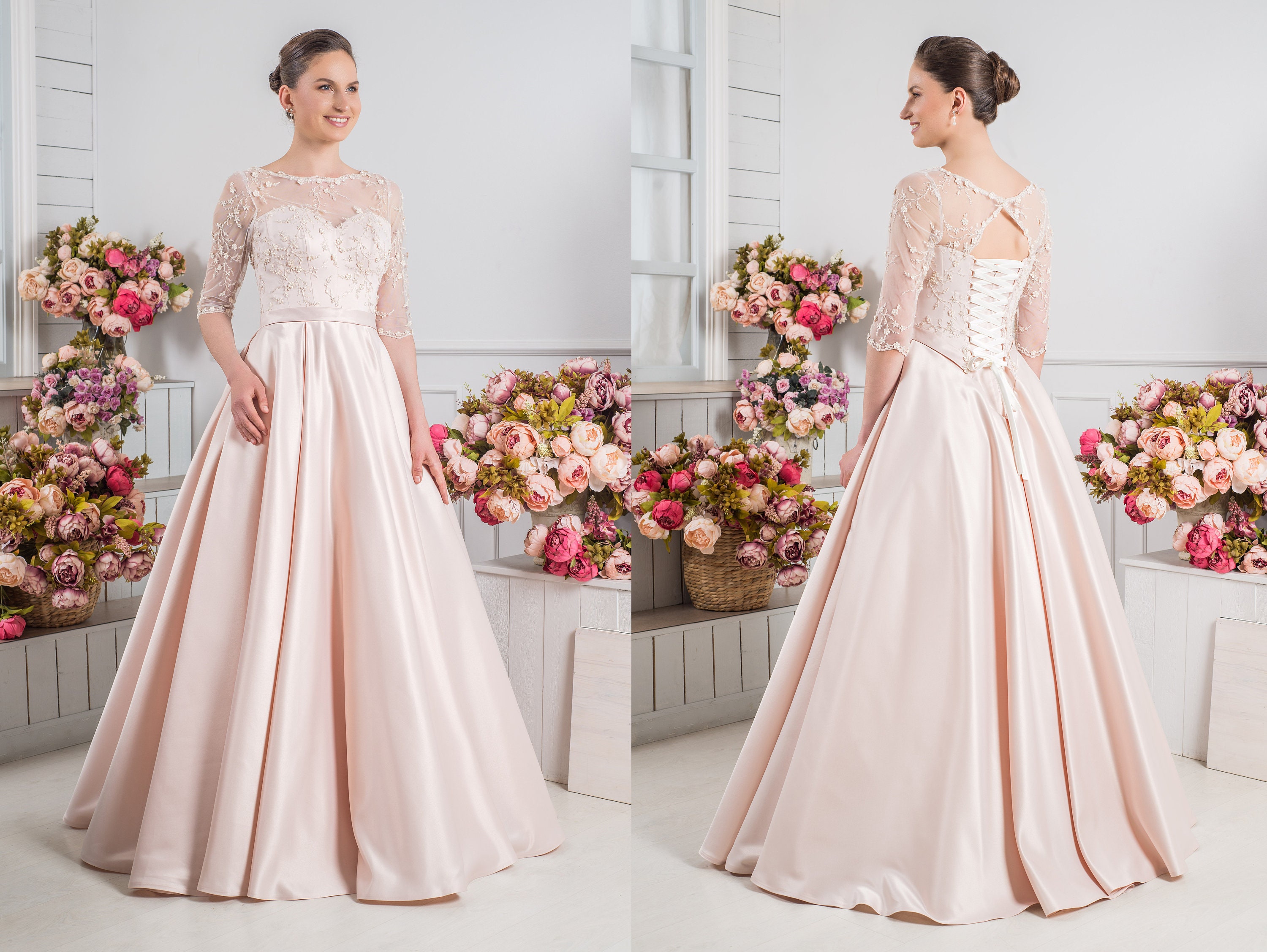 Blush Pink Long Sleeve Wedding Dress ...