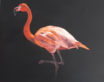 Original Pink Flamingo Acrylic Painting on Black Canvas (10x10 inch)