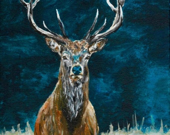Signed Stag Print: Vintage Style Deer Acrylic Painting