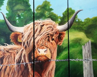 Original Highland Cow Acrylic Painting: 3-Piece Canvas Wall Art