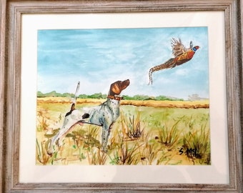Hound Dog and Pheasant Watercolor Print: Country Hunting Art