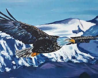 Framed Eagle Painting: Original Acrylic, Soaring Bird of Prey