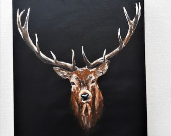Original stag head painting on black background. Acrylic stag painting. Wild stag. vintage wildlife gift. vintage stag decor. home decor