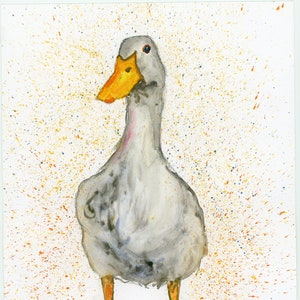 May include: A watercolour painting of a grey duck with an orange beak and blue eyes. The duck is standing on a white background with orange and yellow splatters.