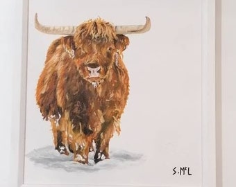 Framed Highland Cow Painting: Winter Acrylic Art (12x16")