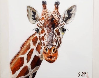 Signed Giraffe Acrylic Painting: Framed African Wildlife Art Print