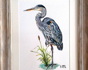 Heron Painting: British Bird Acrylic Print, Signed A4