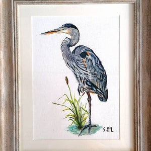 Heron painting. Heron print. Acrylic. Watercolour heron. British bird. Wild bird painting. Signed. Framed. Heron gift. Heron picture. A4