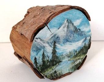 Mountain Lake Glacier Landscape Painting on Wood Log (6x7 inches)