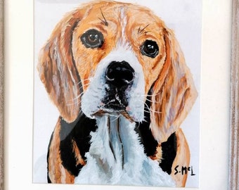 Hand Painted Beagle Dog Portrait: Acrylic A4 Art, Framed or Print