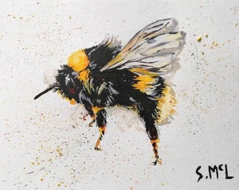 Watercolor Bumble Bee Print: Original Insect Painting, Honeycomb Art