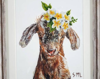 Floral Goat Acrylic Painting: Signed Farmhouse Nursery Art