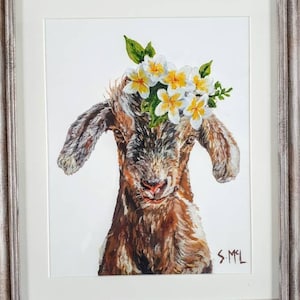 Floral goat painting. Kid painting. Goat print. Goat. Woodland nursery decor. Country style. Vintage. Farm House. Signed. Baby goat lover image 1