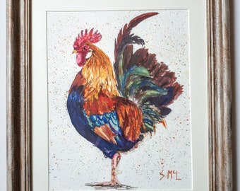 Vibrant Watercolour Rooster Print: Signed Farmhouse Decor (8x10)