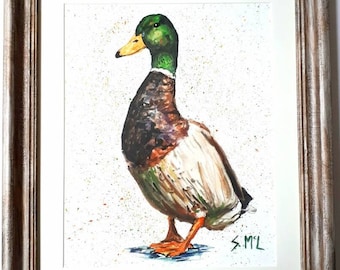 Vintage Style Mallard Duck Watercolour Painting: Framed Signed Print (8x10)