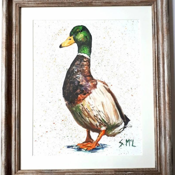 Watercolour duck painting. Mallard duck. Framed. Mounted. Signed print. Watercolour bird. Vintage style. Home decor. Watercolour bird print