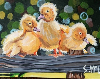 Signed Duckling Print: Acrylic Painting, Country Decor