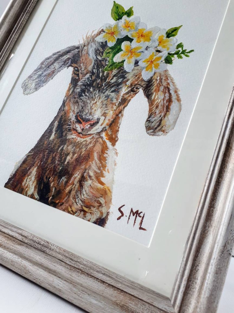 Floral goat painting. Kid painting. Goat print. Goat. Woodland nursery decor. Country style. Vintage. Farm House. Signed. Baby goat lover image 5