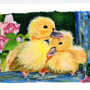 Acrylic duck painting. duckling print. Ducklings. floral print. summer ducklings. Original. Framed. Mounted. Summer. Home decor. Vintage
