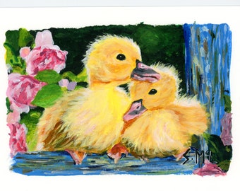 Ducklings with Roses Acrylic Painting: Spring Home Decor (6/8 inch)