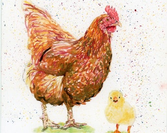 Hen and Chick Watercolor Painting: Spring Farm Art (8x10 Framed/Unframed)