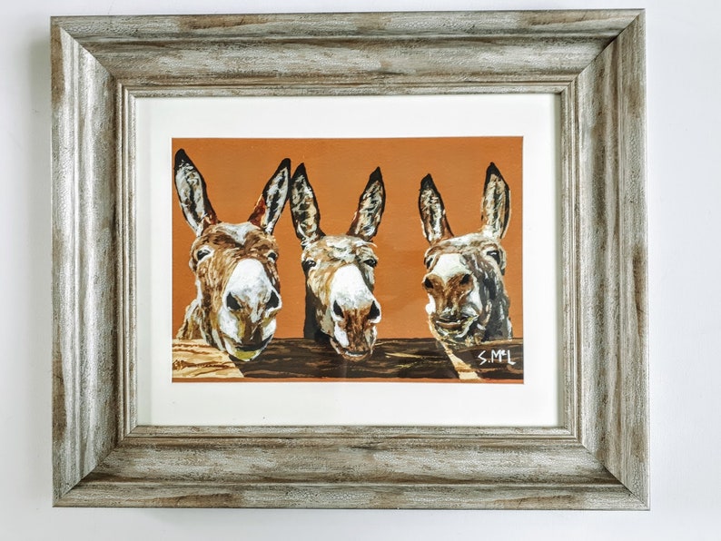 Framed acrylic donkey print. Framed. Three Donkeys. Donkeys. Etsy