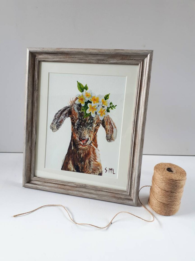 Floral goat painting. Kid painting. Goat print. Goat. Woodland nursery decor. Country style. Vintage. Farm House. Signed. Baby goat lover image 8