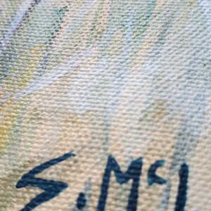 May include: Close-up of a canvas painting with visible brushstrokes. The artwork features a blend of light blue, green, and yellow hues. The artist's signature, "S. Mcl", is prominently displayed in dark blue paint.