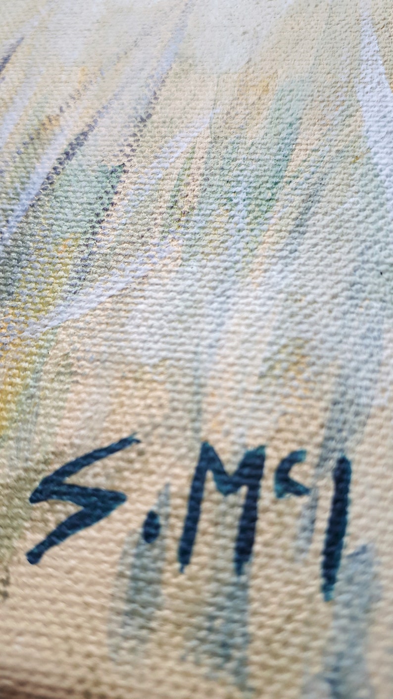 May include: Close-up of a canvas painting with visible brushstrokes. The artwork features a blend of light blue, green, and yellow hues. The artist's signature, "S. Mcl", is prominently displayed in dark blue paint.